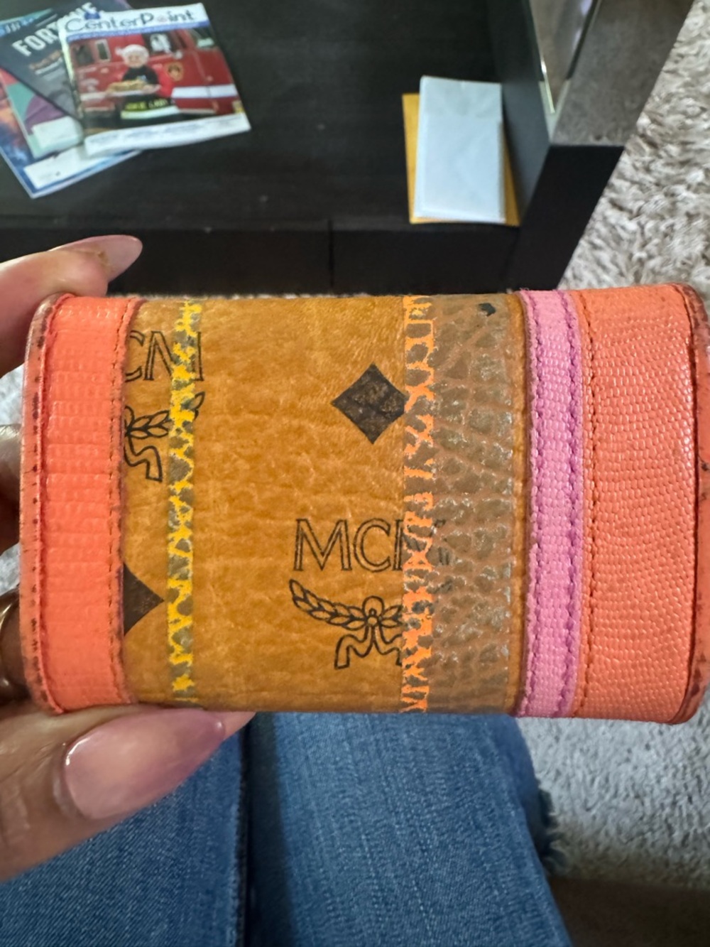 MCM Colorblock Trifold Key Pouch Wallet in Orange, Pink and Cognac/Beige - Picture 2 of 13